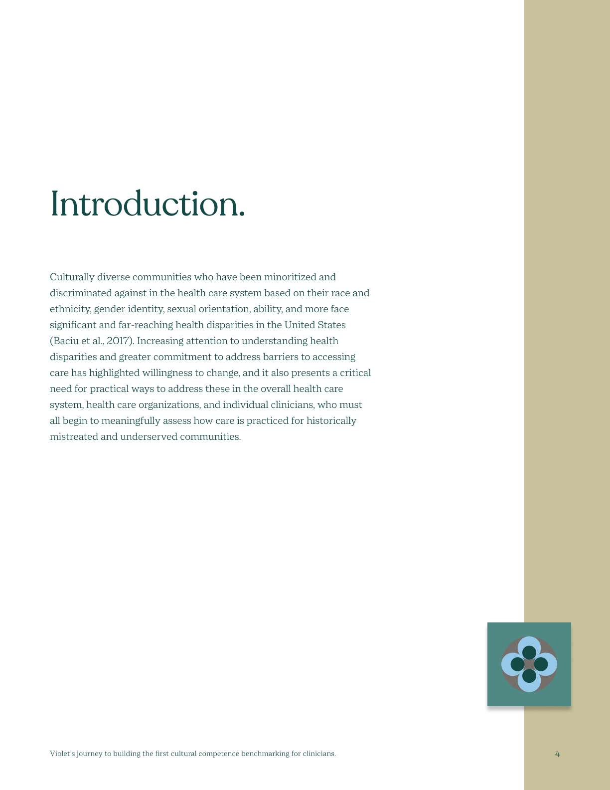 Page titled 'Introduction' discussing health disparities faced by culturally diverse and historically underserved communities in the U.S. healthcare system.