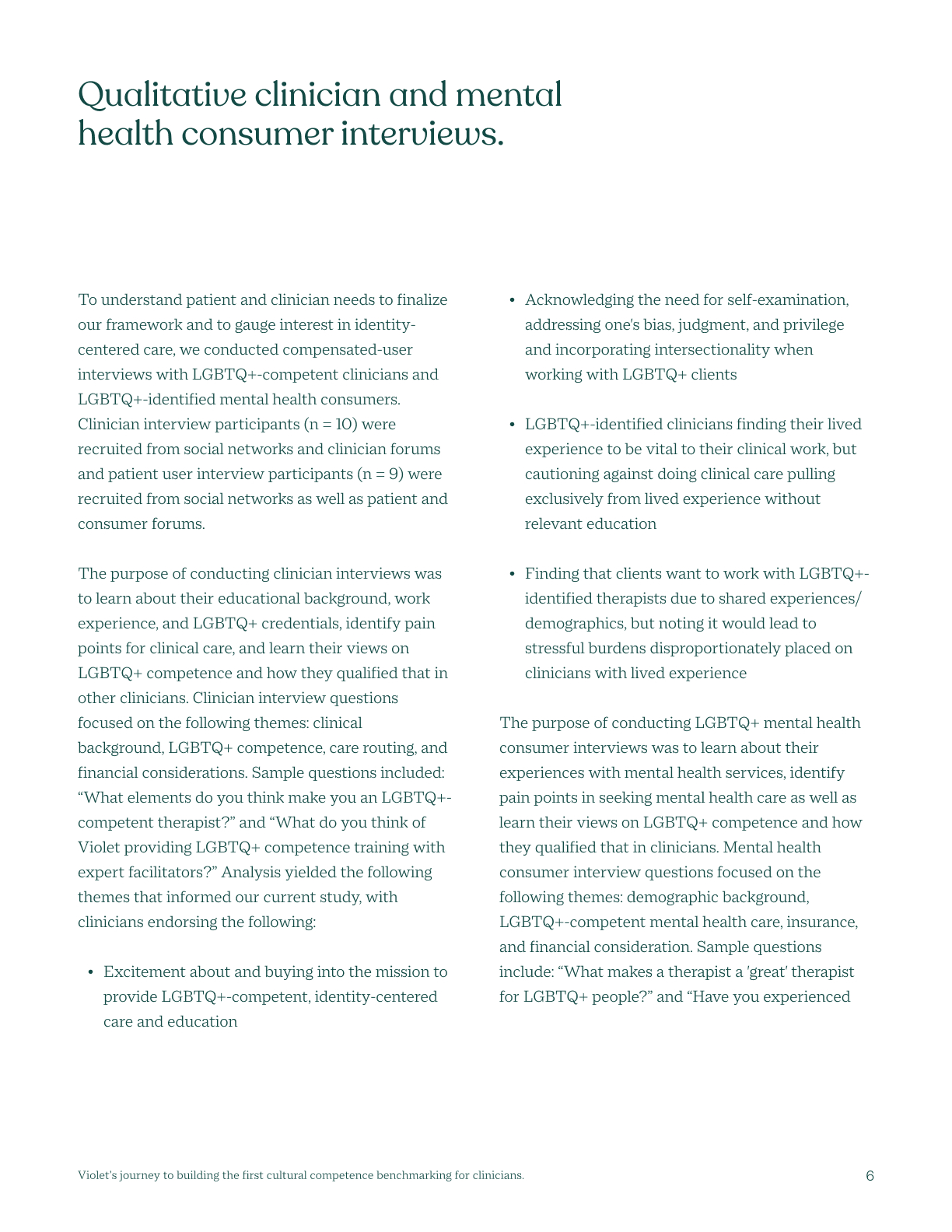 Text document titled 'Qualitative clinician and mental health consumer interviews' discussing interviewed LGBTQ+-competent clinicians and mental health consumers, their experiences, research themes, and sample questions about LGBTQ+ competence and care.