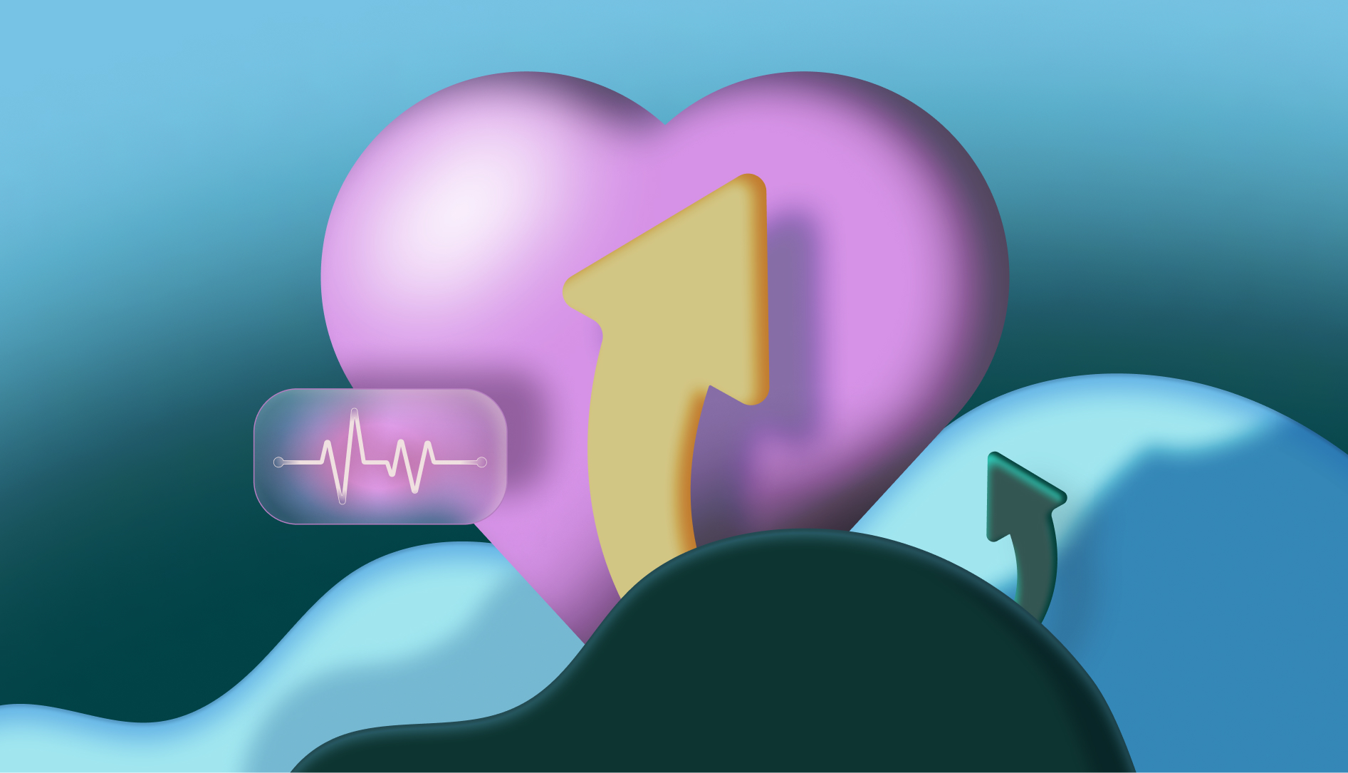 Abstract purple heart with upward yellow arrow and heartbeat line graphic on a blue and green fluid background.