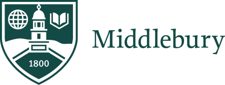 Middlebury College shield emblem featuring a globe, a building with a dome, an open book, and the founding year 1800.
