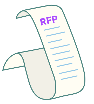 Curled paper document with the letters RFP at the top and blue horizontal lines below.