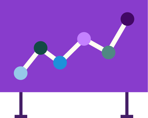A stylized line graph with seven connected colored dots on a purple background.