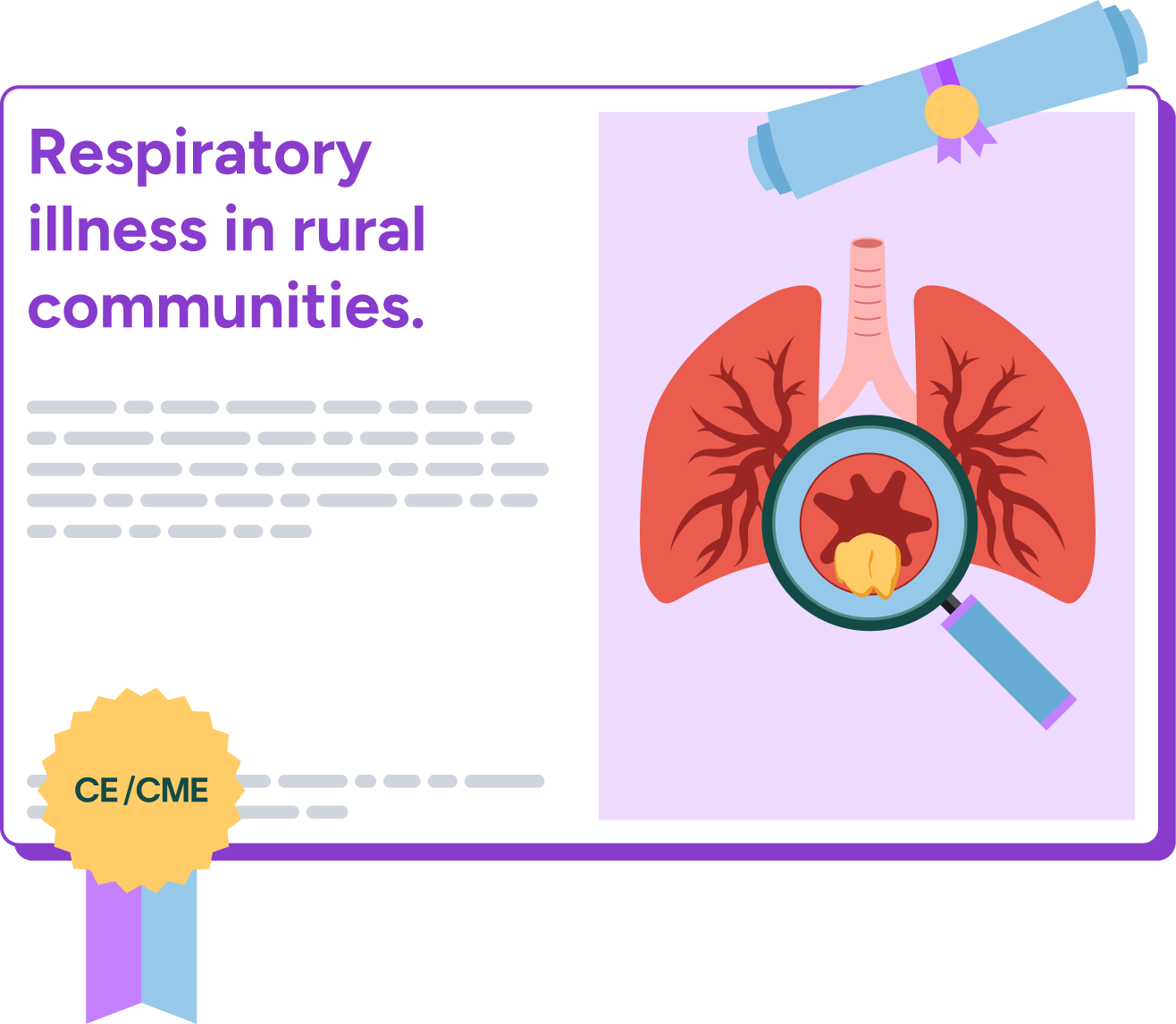 Illustration of lungs with a magnifying glass highlighting infection, next to text about respiratory illness in rural communities and a CE/CME certification badge.
