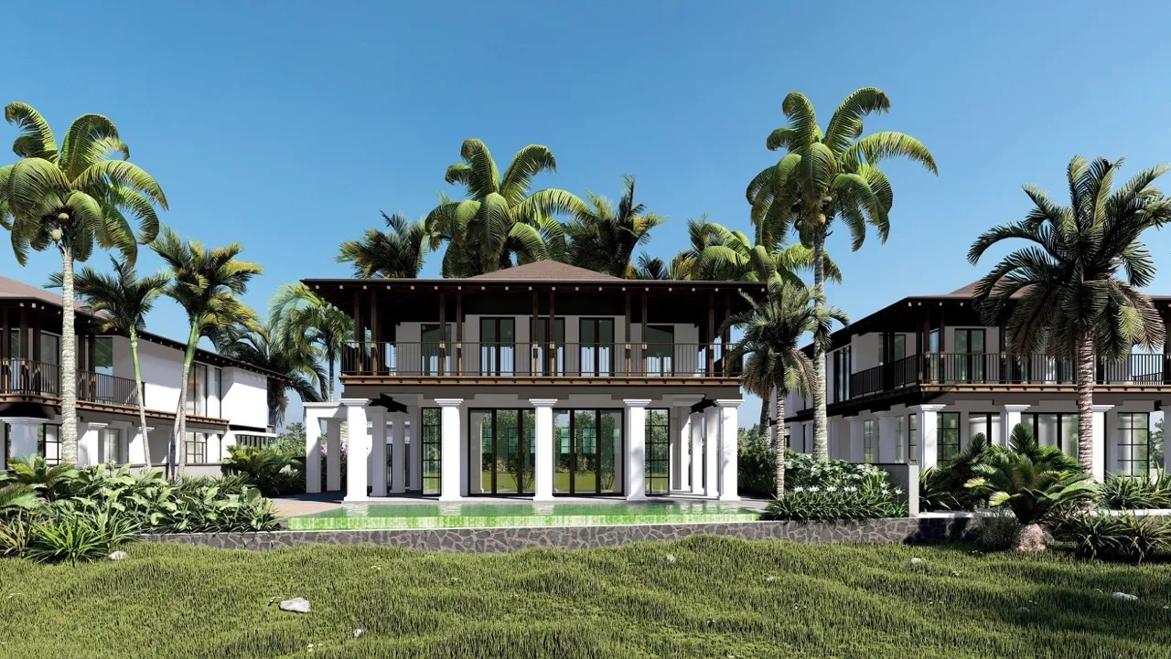 Elevation view of a two-storeyed, sloped roof villa with an outdoor pool.