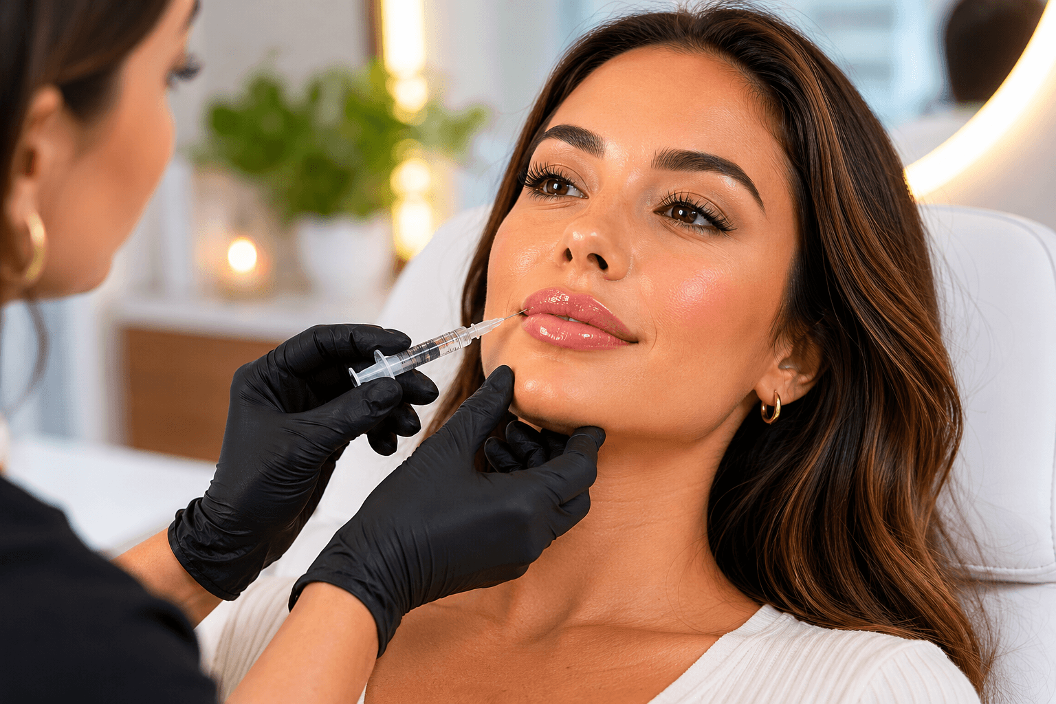 Woman receiving natural-looking lip filler treatment at a med spa in Richardson, Texas