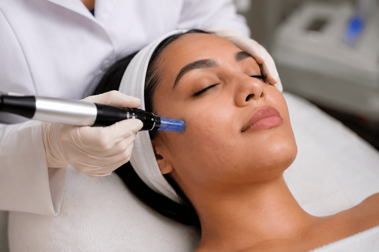 Patient receiving microneedling treatment at an aesthetic clinic in Richardson, Texas for acne scars and skin rejuvenation.