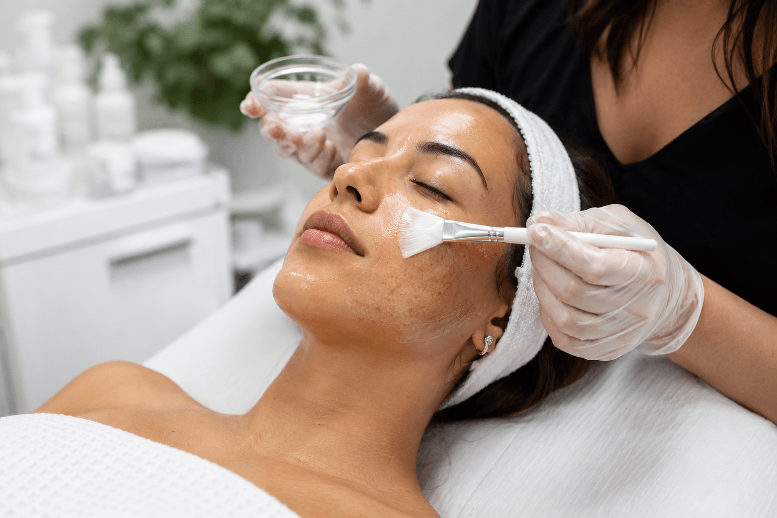 Woman receiving a chemical peel treatment for hyperpigmentation and dark spots at a med spa in Richardson, Texas.