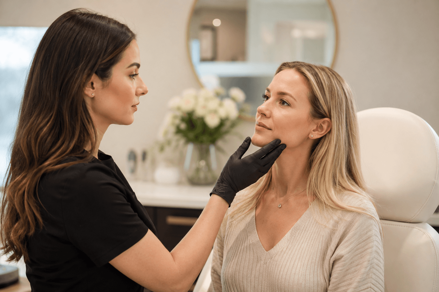 Woman consulting with an aesthetic injector about dermal filler treatment for natural facial rejuvenation in Richardson, Texas.
