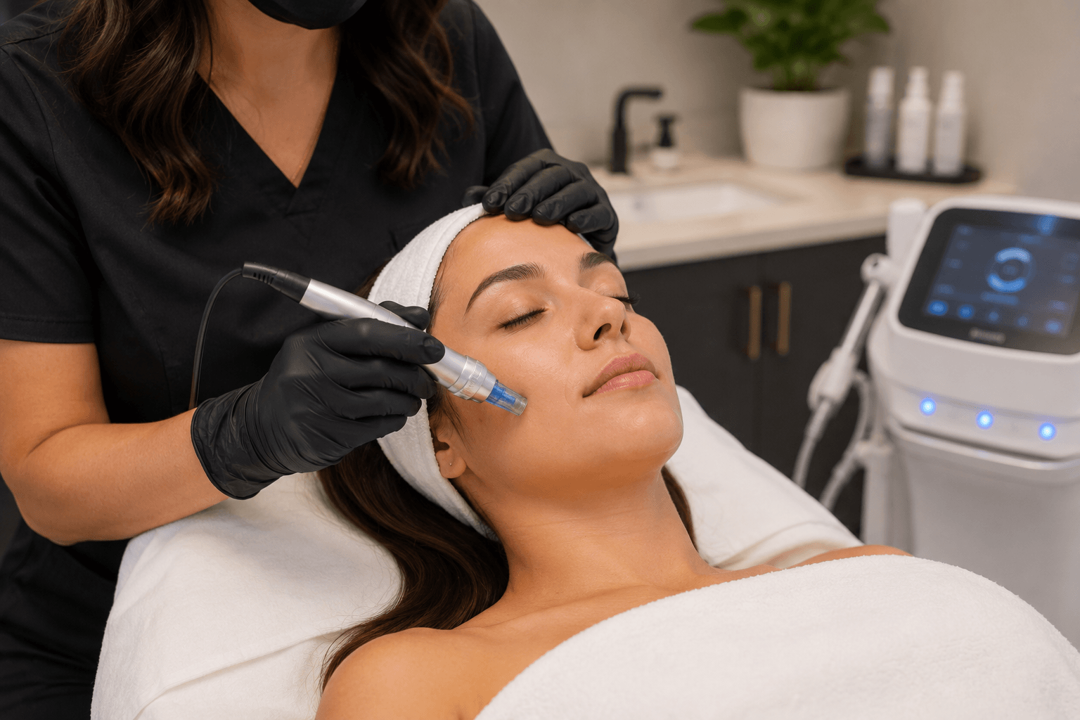 Esthetician performing microneedling treatment on a client's cheek at a med spa in Richardson, Texas