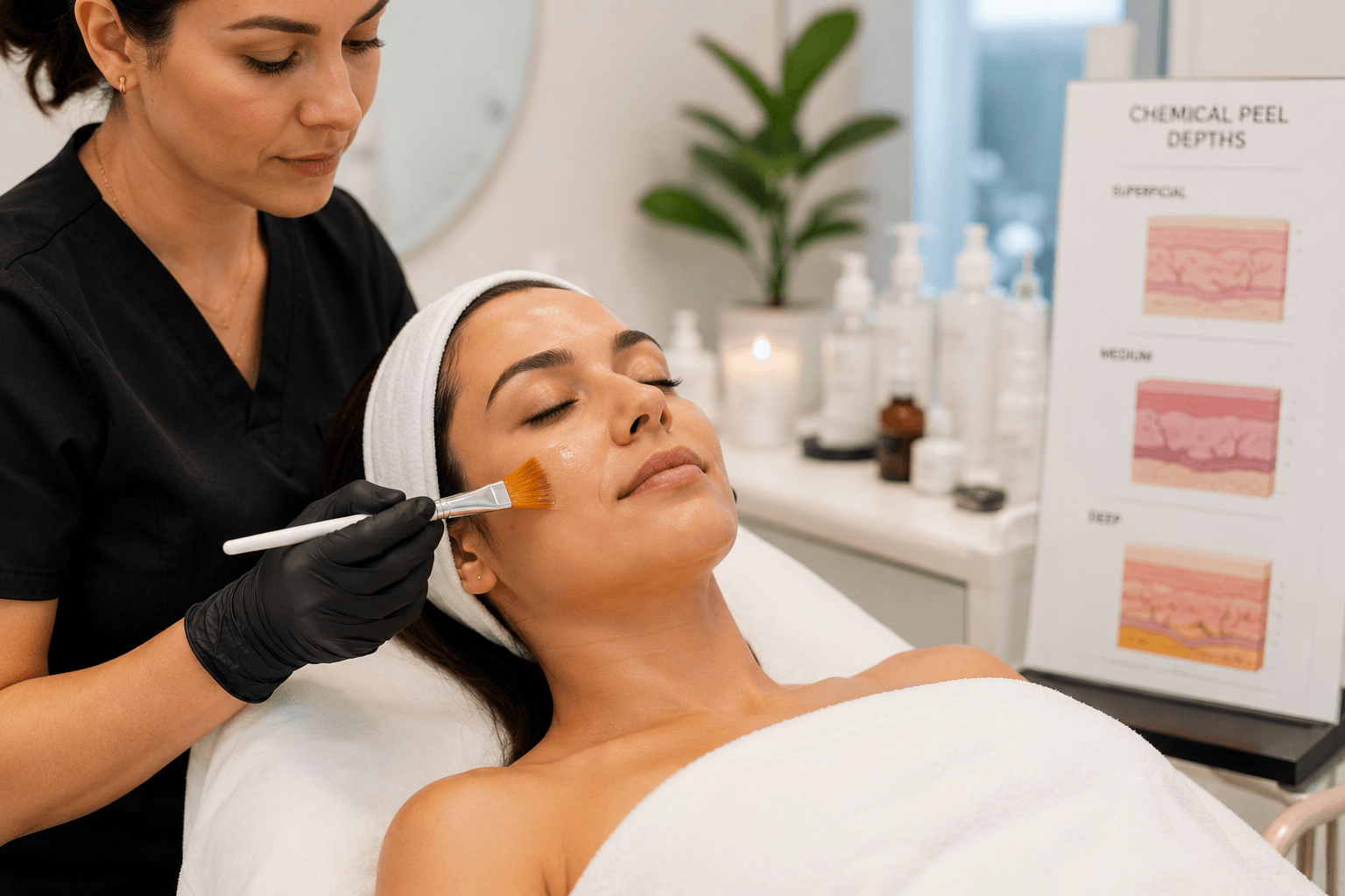 Esthetician applying a chemical peel solution to a client's face at a med spa in Richardson, Texas