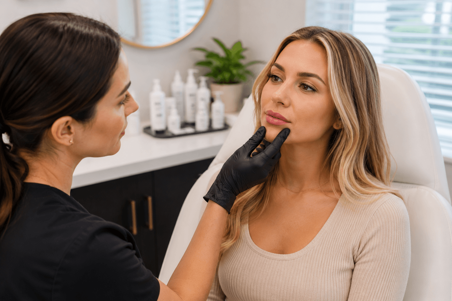 Provider examining a client's lips before a filler touch up appointment at a med spa in Richardson, Texas