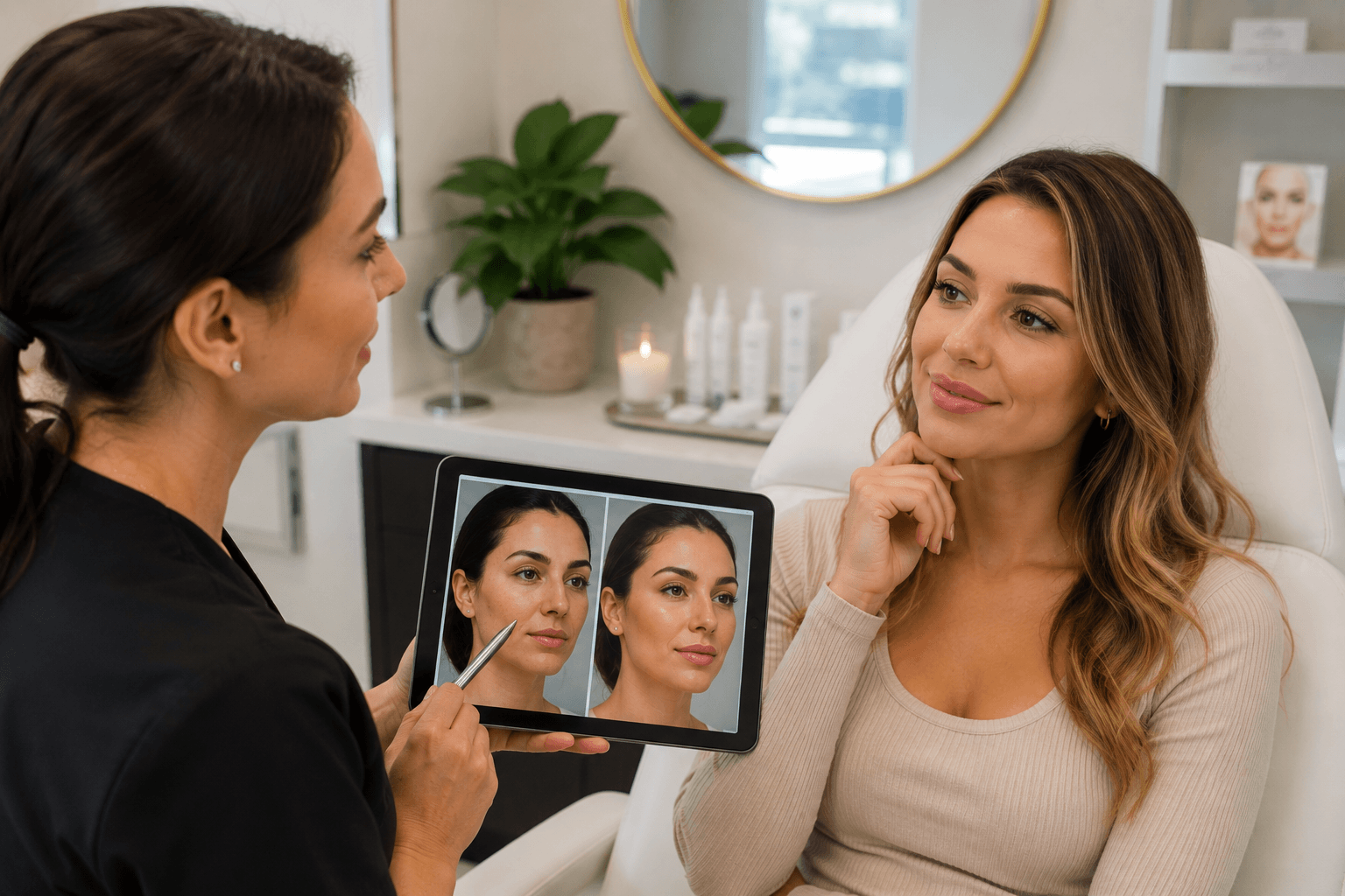Provider assessing natural facial contours before a filler consultation at a med spa in Richardson, Texas