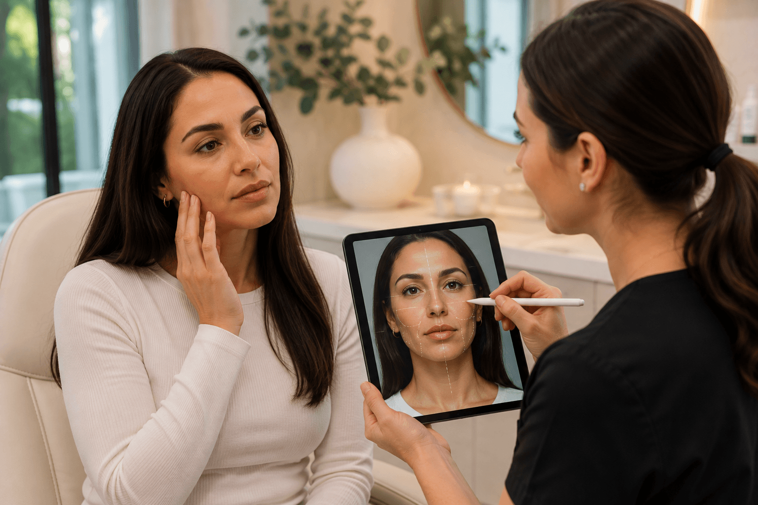 Woman examining subtle facial asymmetry in mirror before facial balancing treatment in Richardson, Texas