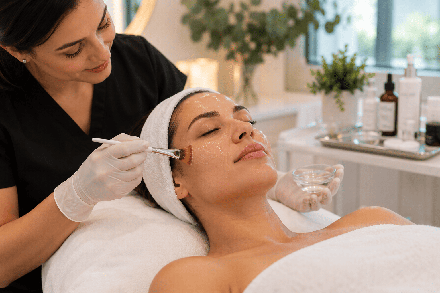 Woman receiving a VI Peel chemical peel treatment for sun damage and uneven skin tone in Richardson, Texas