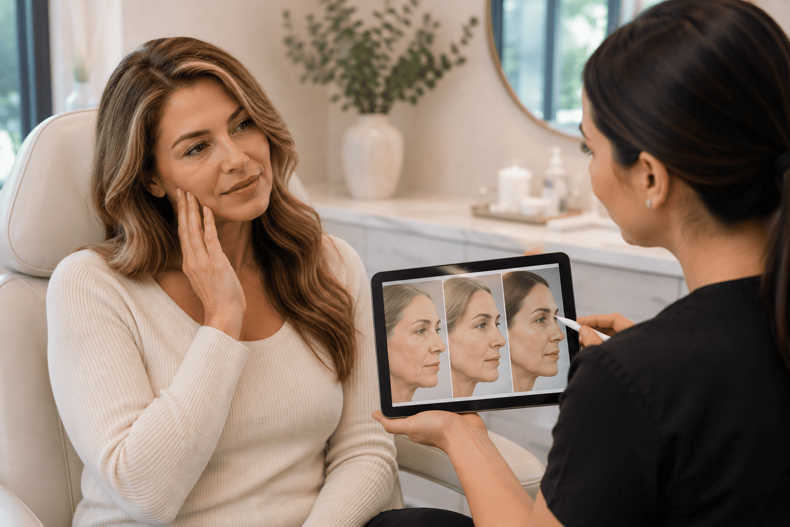 Woman receiving a Sculptra biostimulator treatment for facial volume loss at a med spa in Richardson, Texas