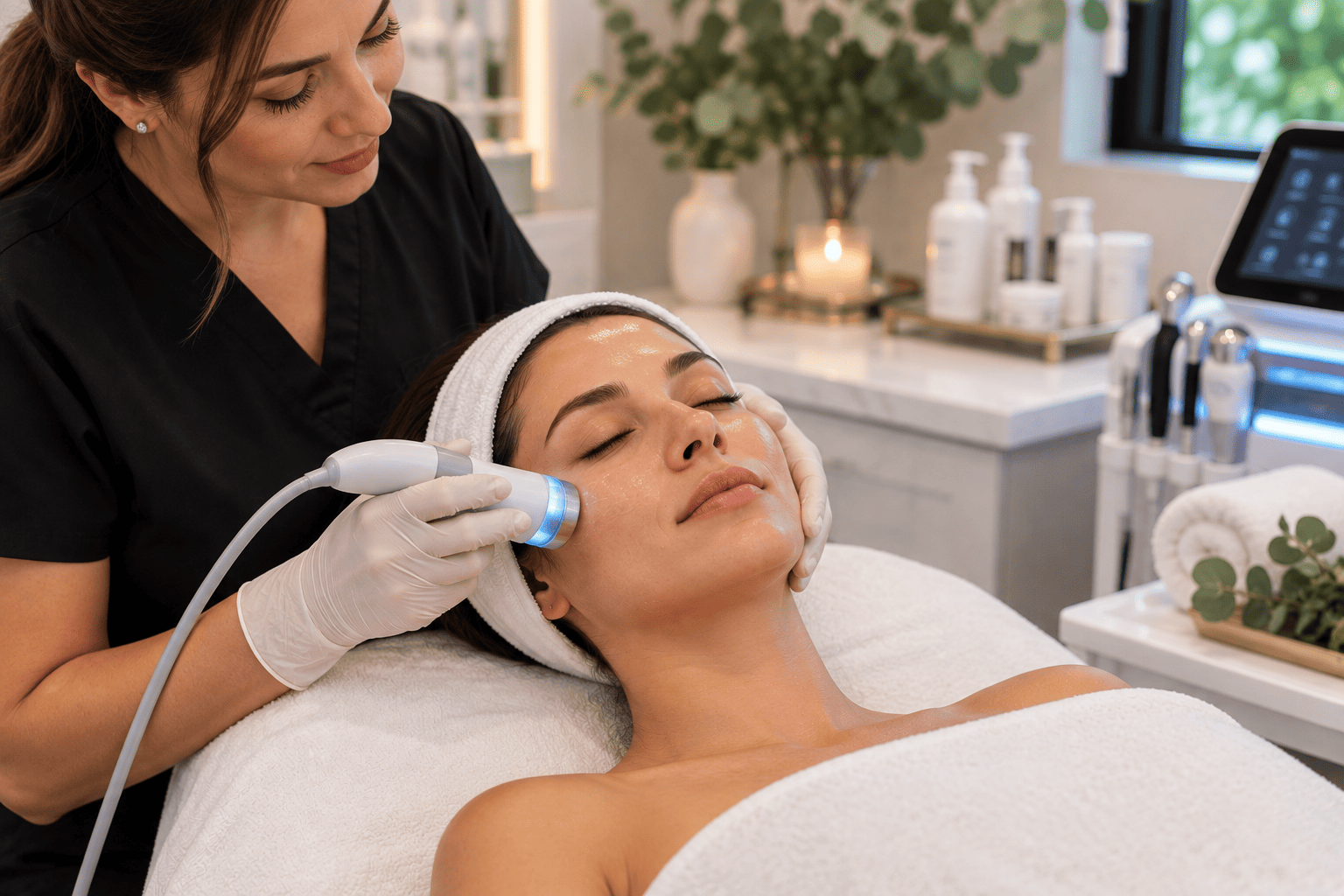 Esthetician performing a rejuvenating facial treatment on a client at a med spa in Richardson, Texas