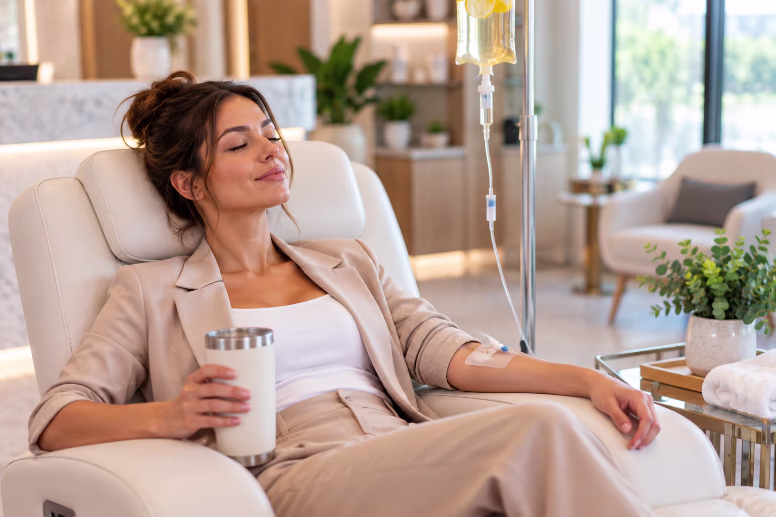 Working professional receiving IV wellness therapy at a med spa in Richardson, Texas