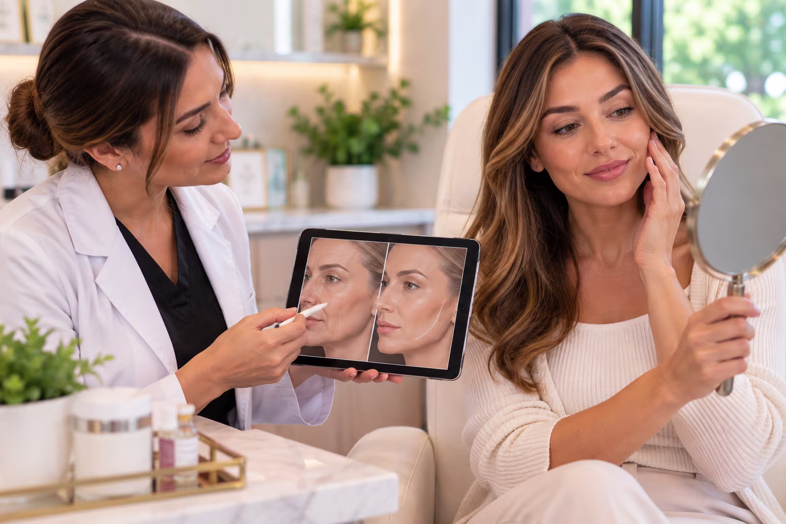 Woman consulting with a provider about Sculptra collagen biostimulator treatment in Richardson, Texas