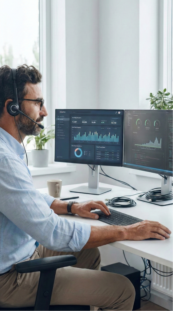Mężczyzna w okularach i słuchawkach z mikrofonem pracuje na komputerze z dwoma monitorami pokazującymi wykresy i dane.