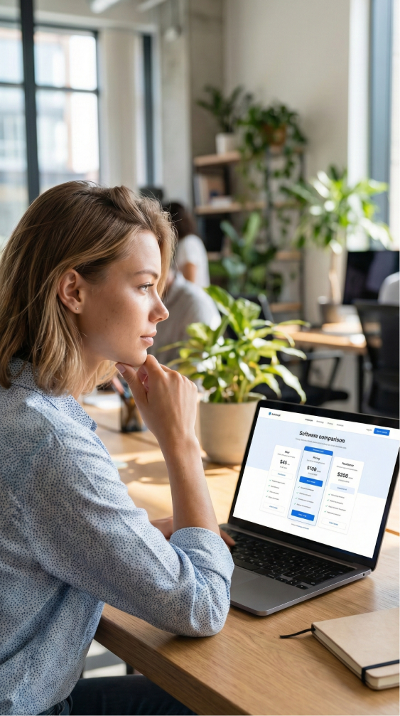 Młoda kobieta siedzi przy biurku i patrzy na ekran laptopa z porównaniem planów cenowych oprogramowania w jasnym, roślinnym biurze.