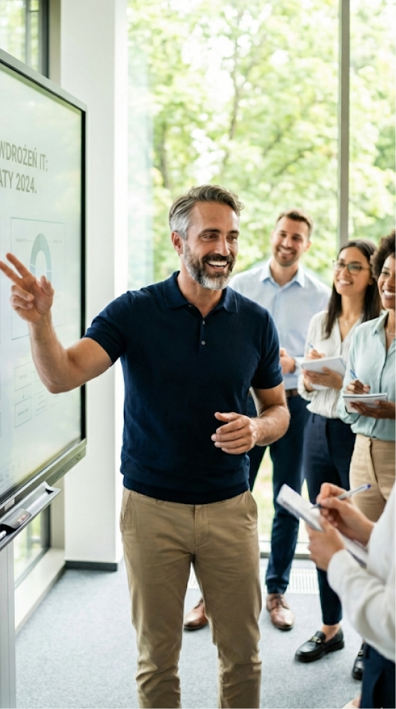 Mężczyzna prowadzący prezentację przy ekranie dotykowym przed grupą uśmiechniętych współpracowników w jasnym biurze.