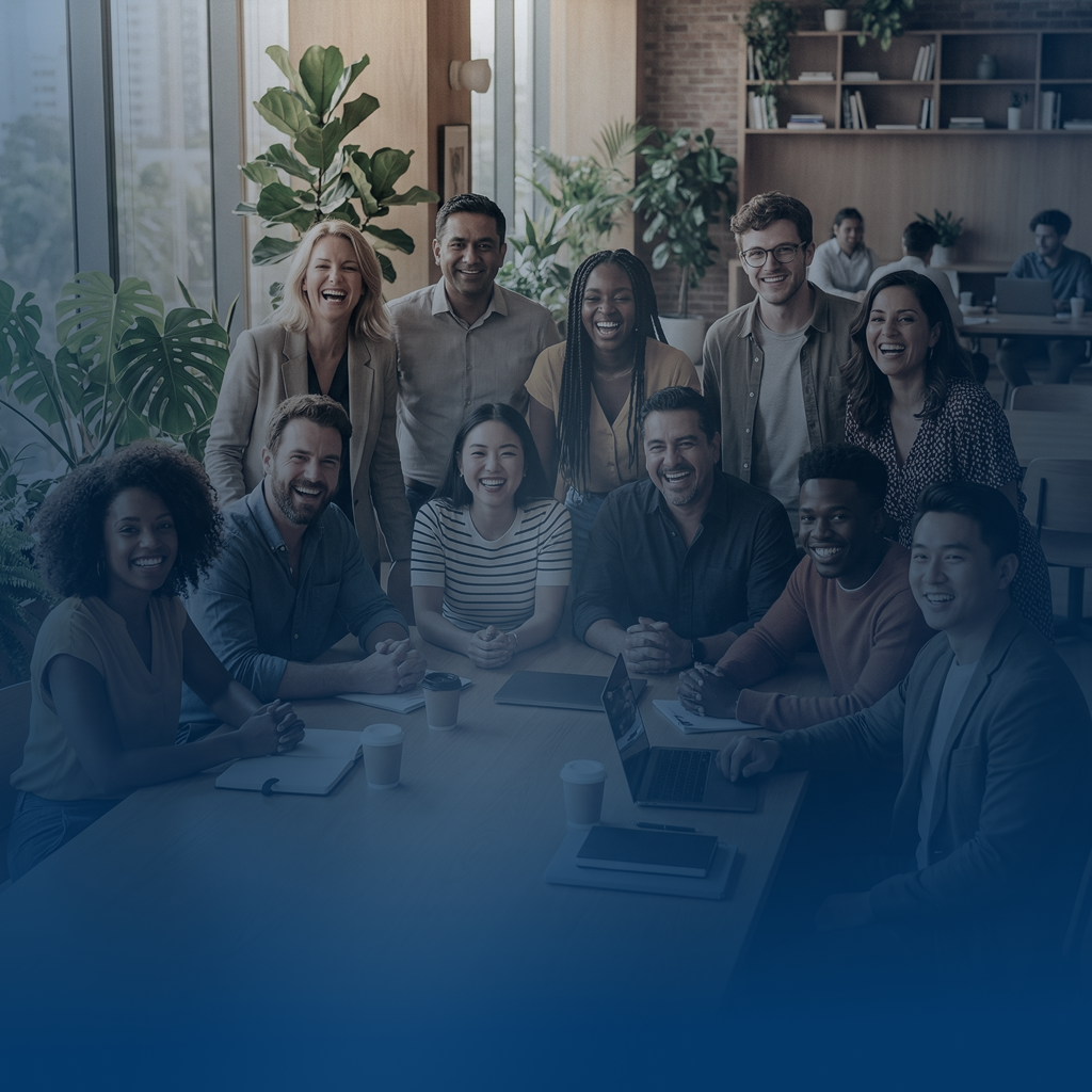 Grupa uśmiechniętych, zróżnicowanych ludzi siedzi i stoi wokół stołu konferencyjnego w nowoczesnym biurze.