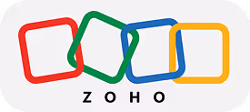 Logo Zoho złożone z czterech połączonych, kolorowych kwadratów w czerwonym, zielonym, niebieskim i żółtym kolorze.