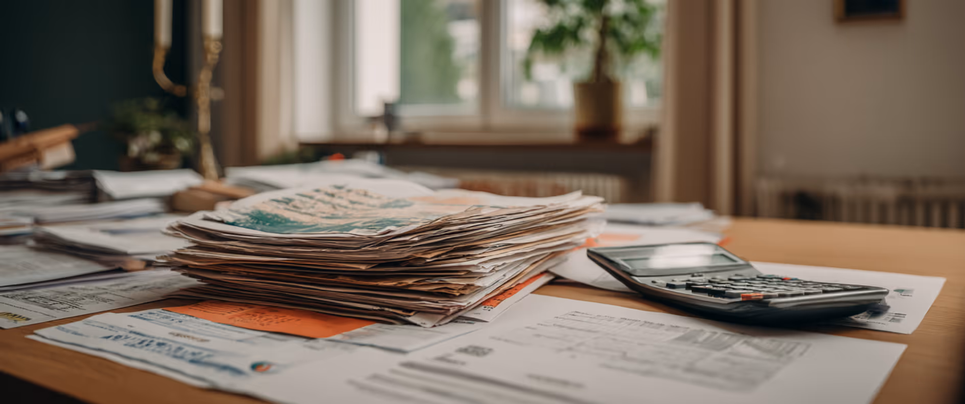 Stack of papers and a calculator on a wooden desk in a softly lit room with a window and plants in the background.