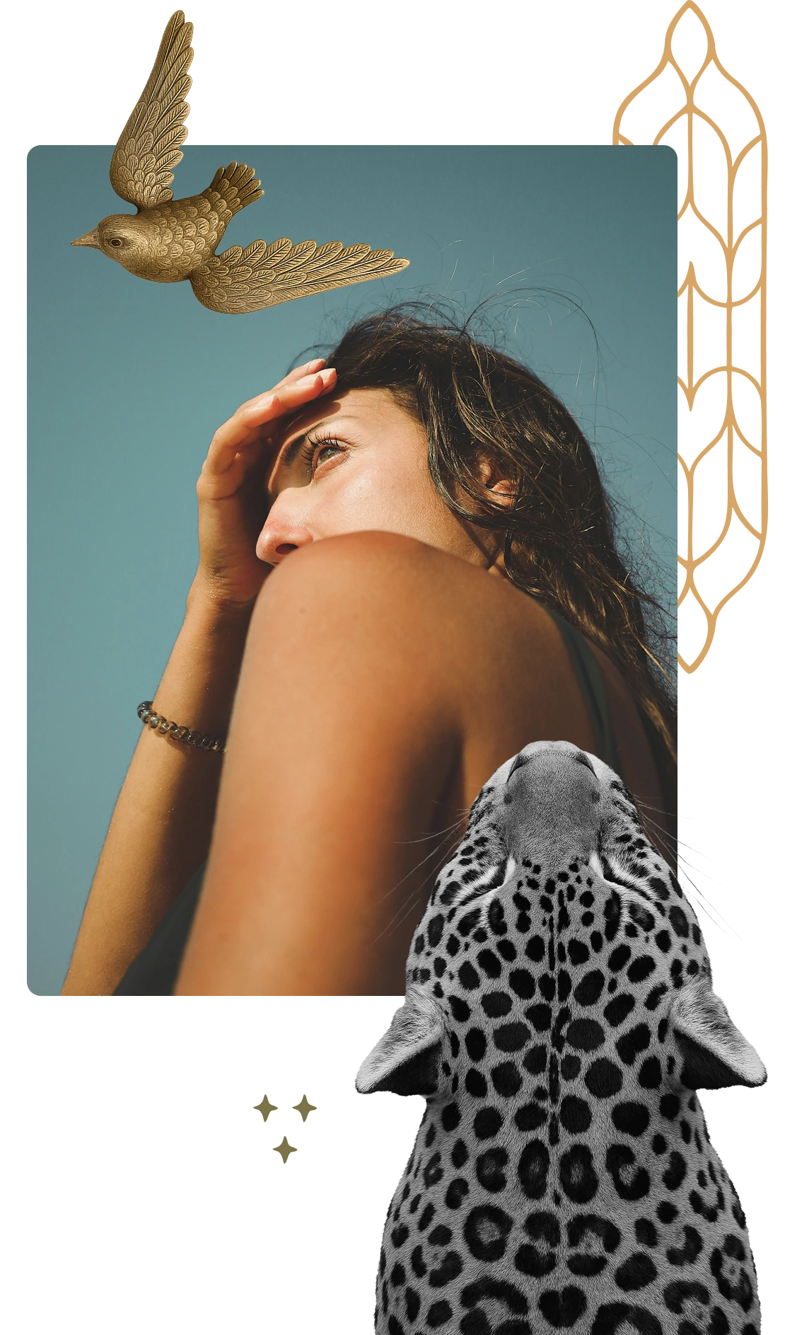 Woman looking into the distance shielding her eyes from the sun, with a golden bird illustration above and a black and white top-down view of a leopard at the bottom.