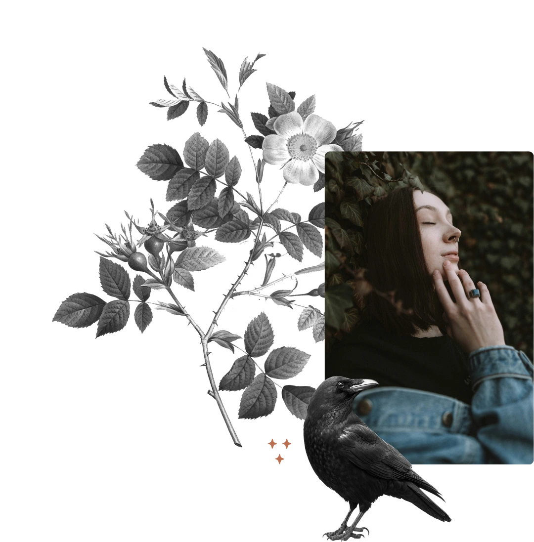 Young woman with closed eyes touching her face surrounded by ivy leaves, accompanied by a black raven and a botanical illustration of a flowering branch.