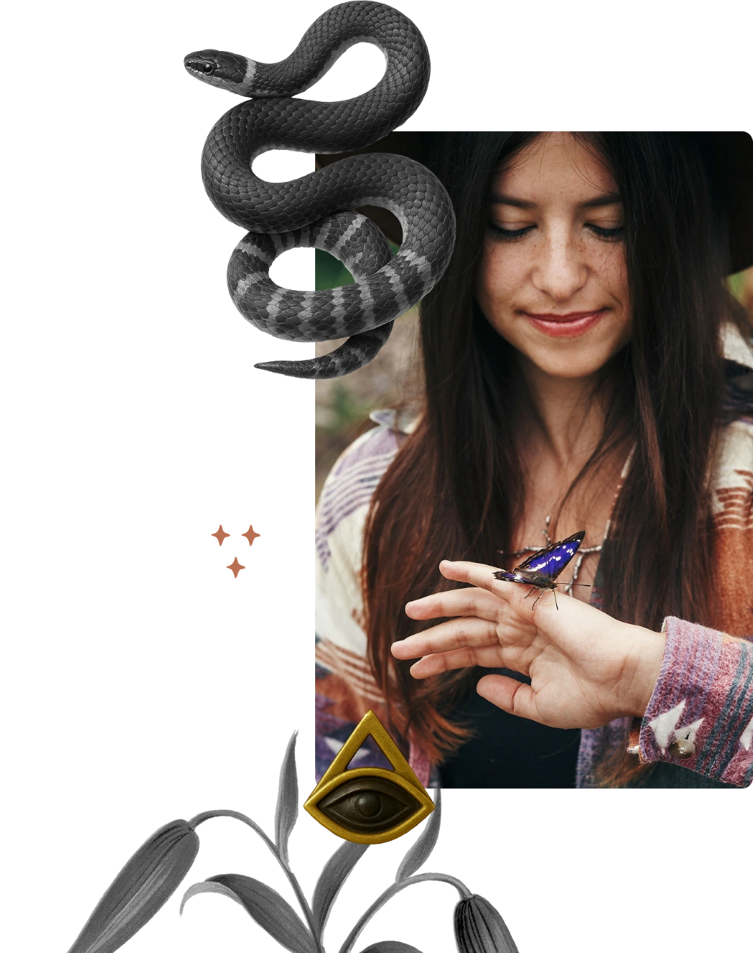 Young woman with closed eyes gently holding a blue butterfly on her hand, with a black and white snake above and abstract plant with an eye symbol below.
