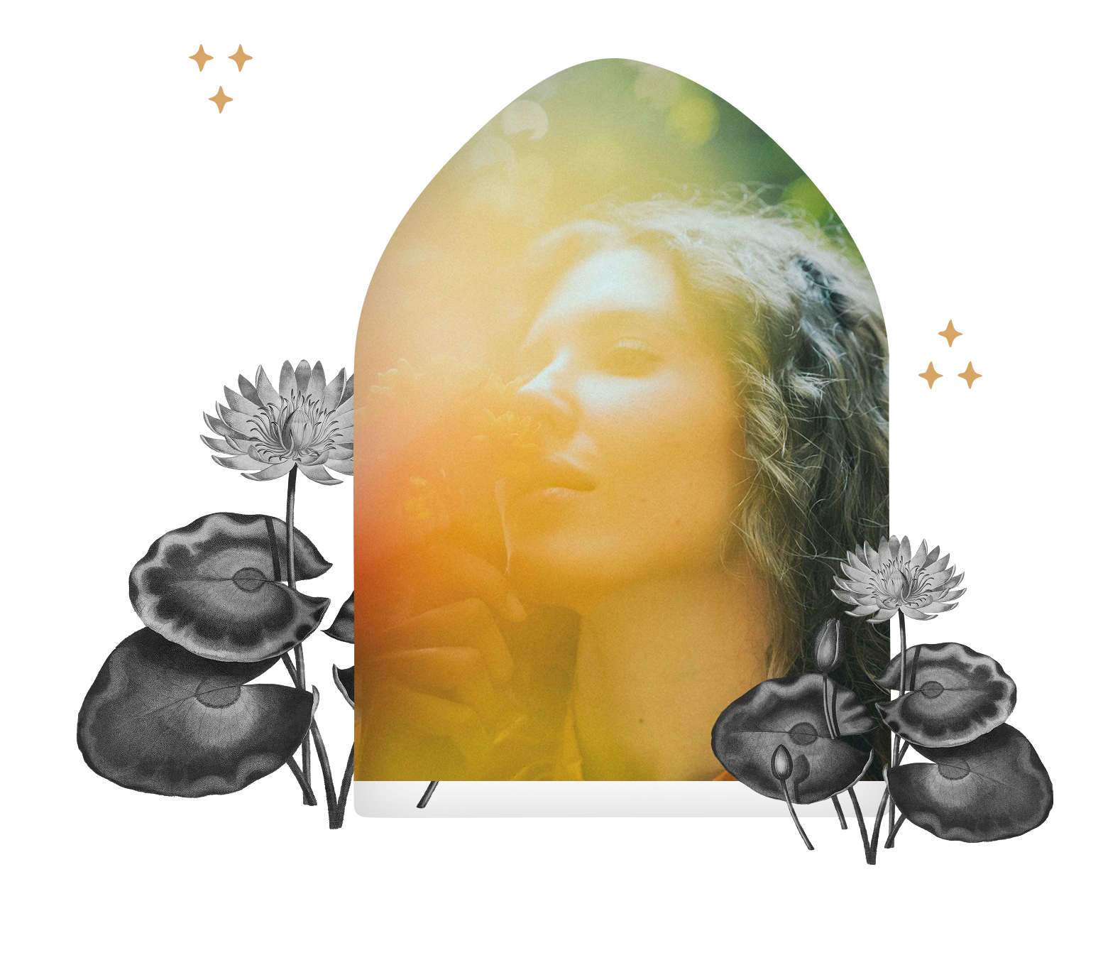 Softly lit portrait of a woman with curly hair smelling a flower, framed by grayscale lotus flowers and abstract star shapes.