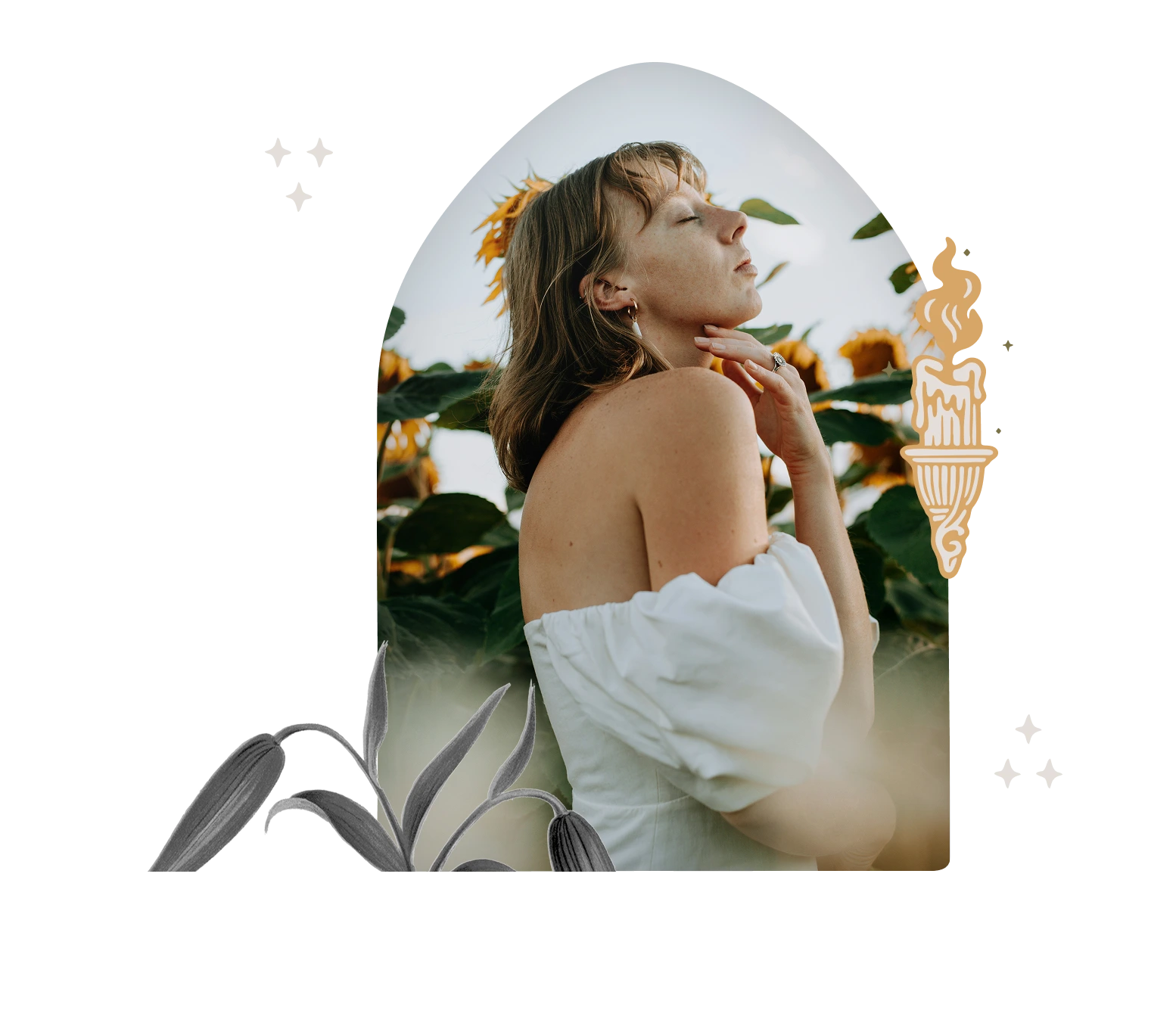 Side profile of a woman in a white off-shoulder dress standing with eyes closed among sunflower plants.