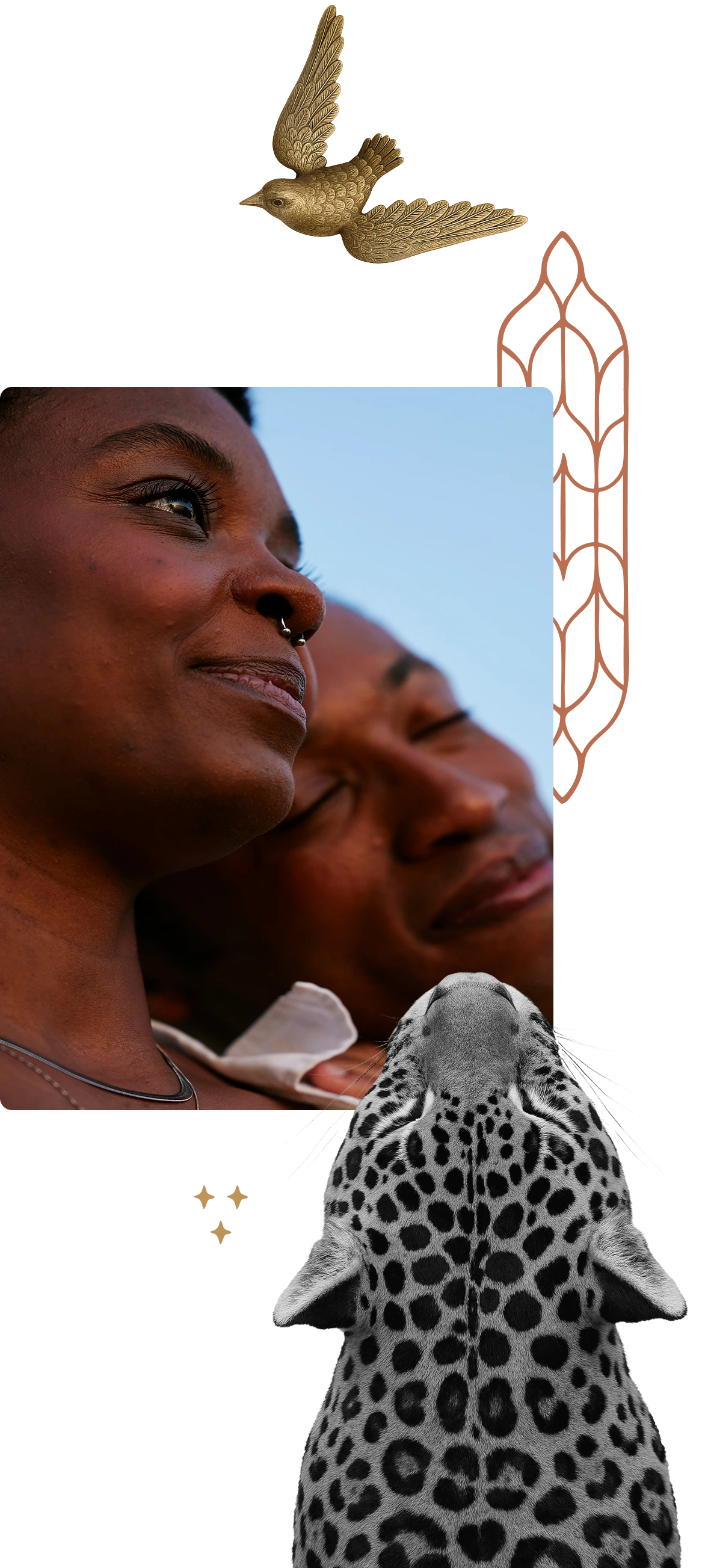 Close-up of a smiling Black woman and a man with eyes closed, overlaid with illustrations of a golden bird and a leopard's head from above.