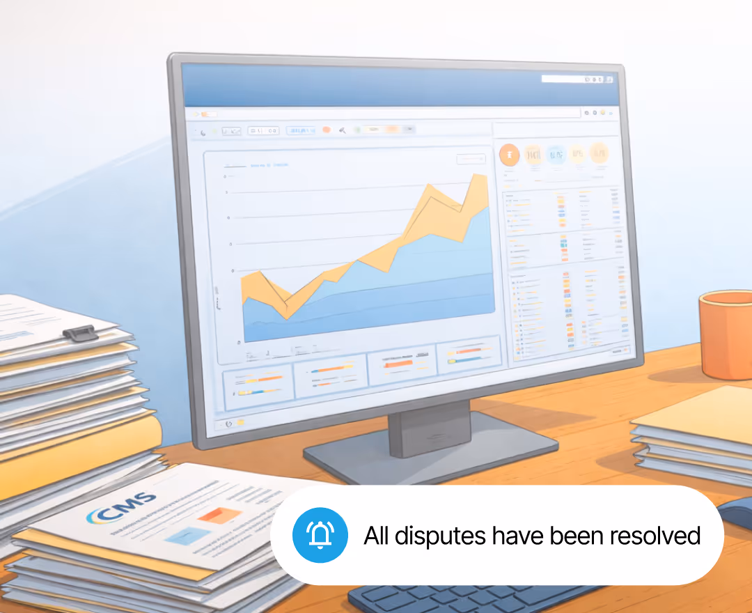 Office desk with computer monitor displaying a rising line chart, stacks of documents, and an alert box stating 'All disputes have been resolved.'