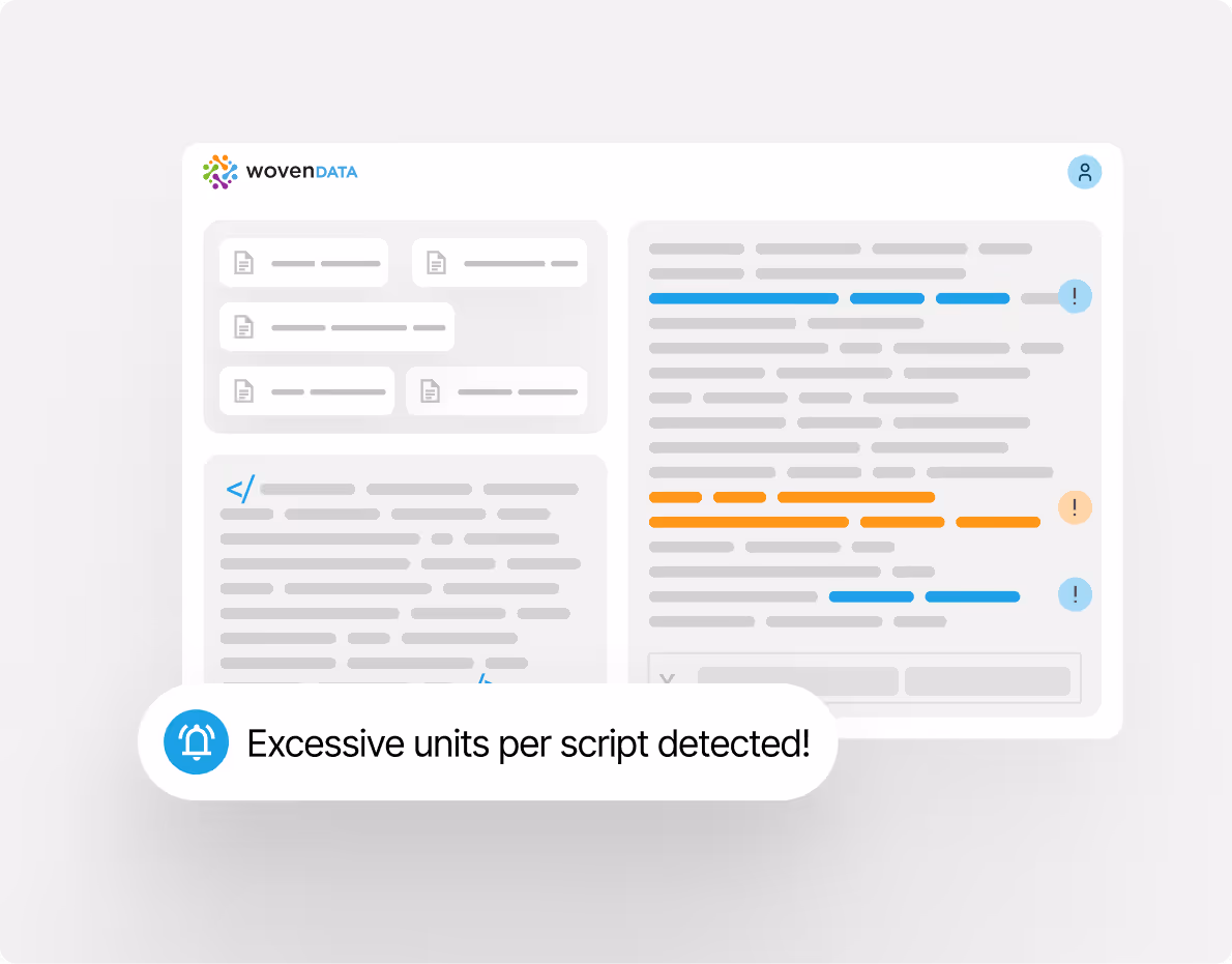WovenData interface showing code analysis with highlighted blue and orange warnings and a notification saying 'Excessive units per script detected!'