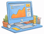 Illustration of a desktop computer displaying a graph with rising orange data points alongside icons, on a cluttered desk with a coffee cup, potted plants, and stationery.