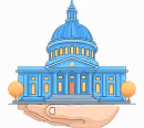 Illustration of a hand holding a stylized blue domed government building resembling the U.S. Capitol.