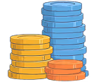 Stacks of blue, yellow, and orange poker chips arranged by color and size.
