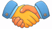 Illustration of two hands shaking in a handshake, one yellow and one orange, both wearing blue sleeves.