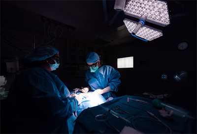 Two surgeons in blue scrubs and masks performing surgery under bright operating room lights.
