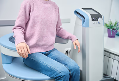 Person wearing a pink sweater and jeans sitting on a medical examination chair next to a medical device.
