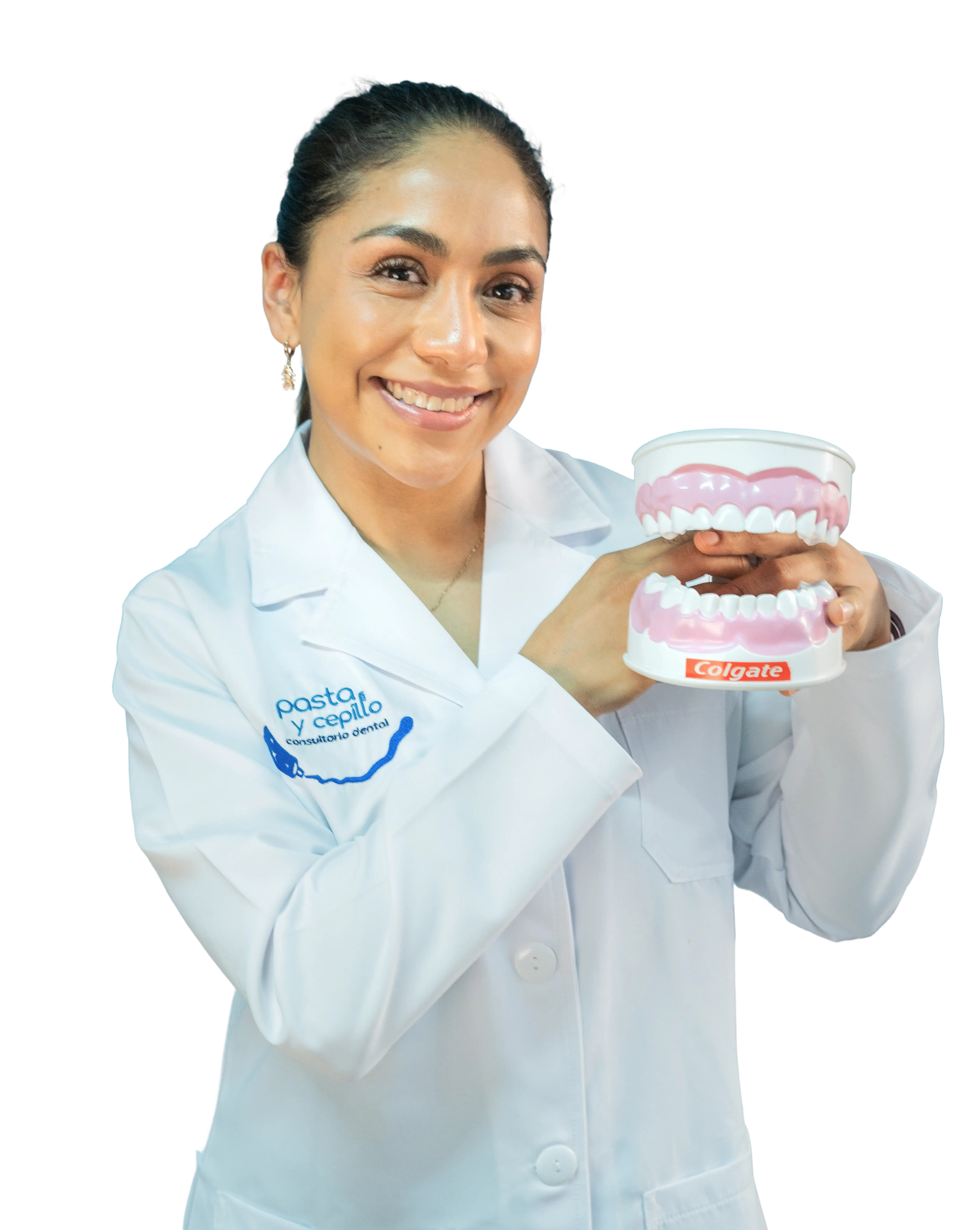 Happy dentist holding a model denture