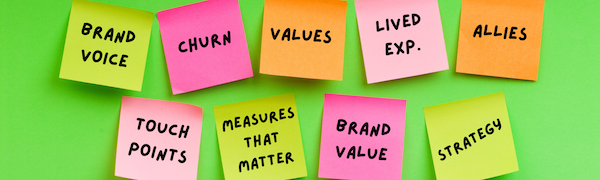 Coloured post-it notes on a green wall with brand values and touch points written in black texta. 