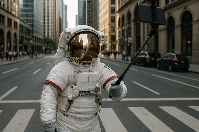 An astronaut standing on a busy city crosswalk street holding a selfie stick. 