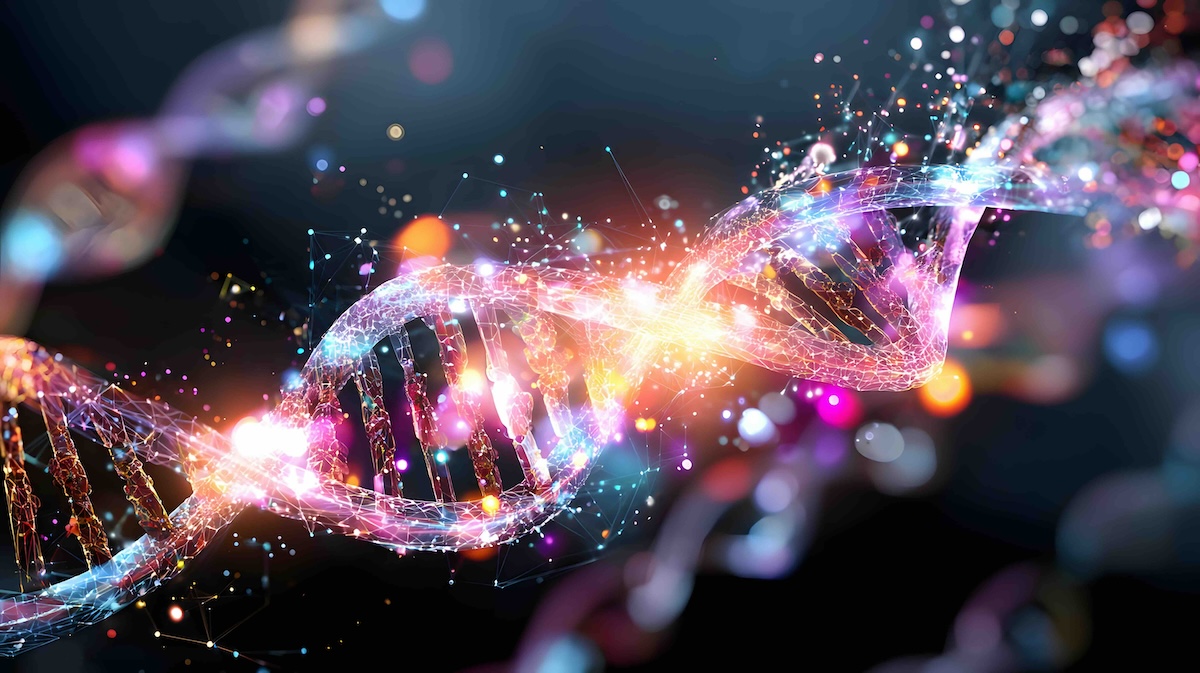 An abstract digital rendering of dna like a cosmic entity.