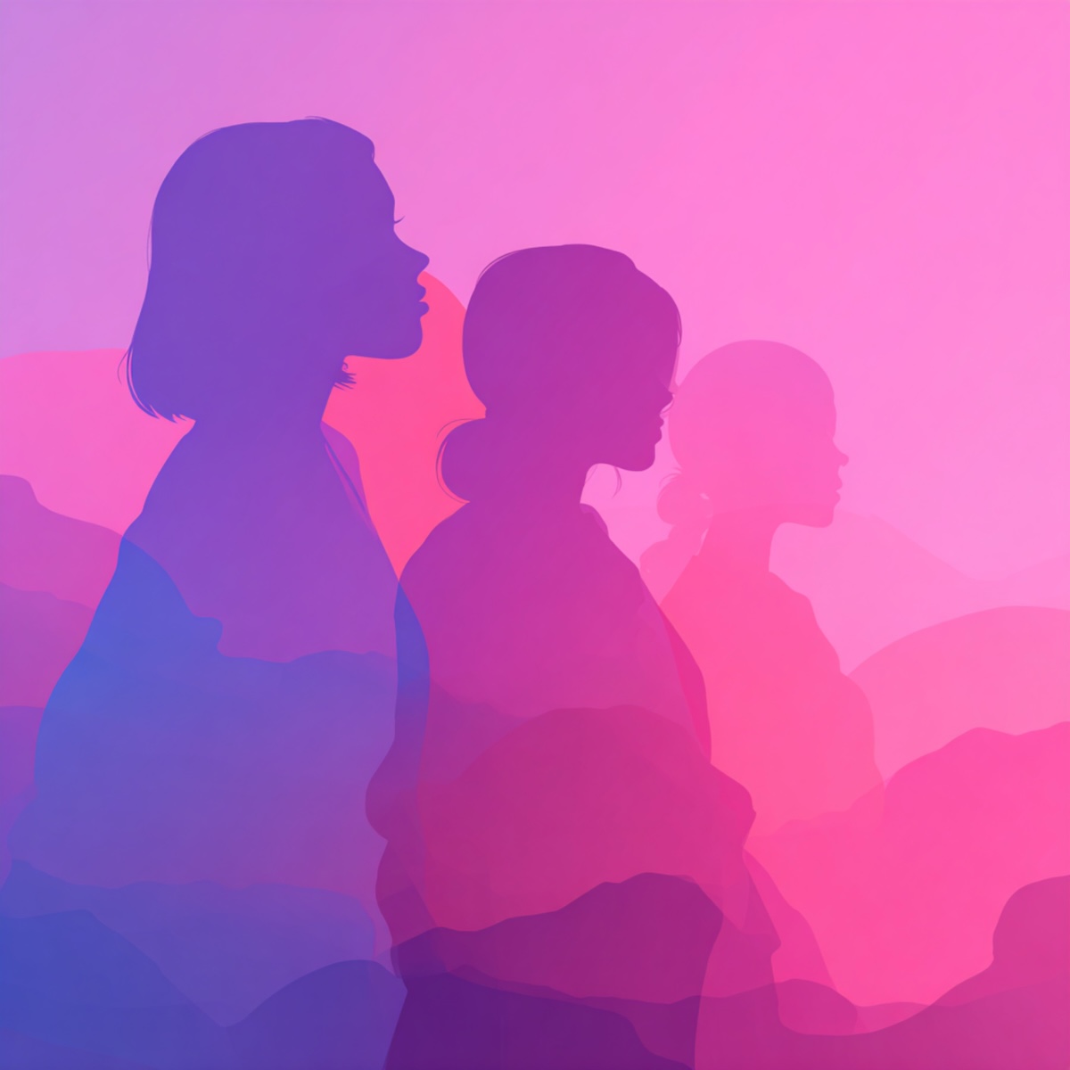 silhouettes of women on a soft pink and purple background. 