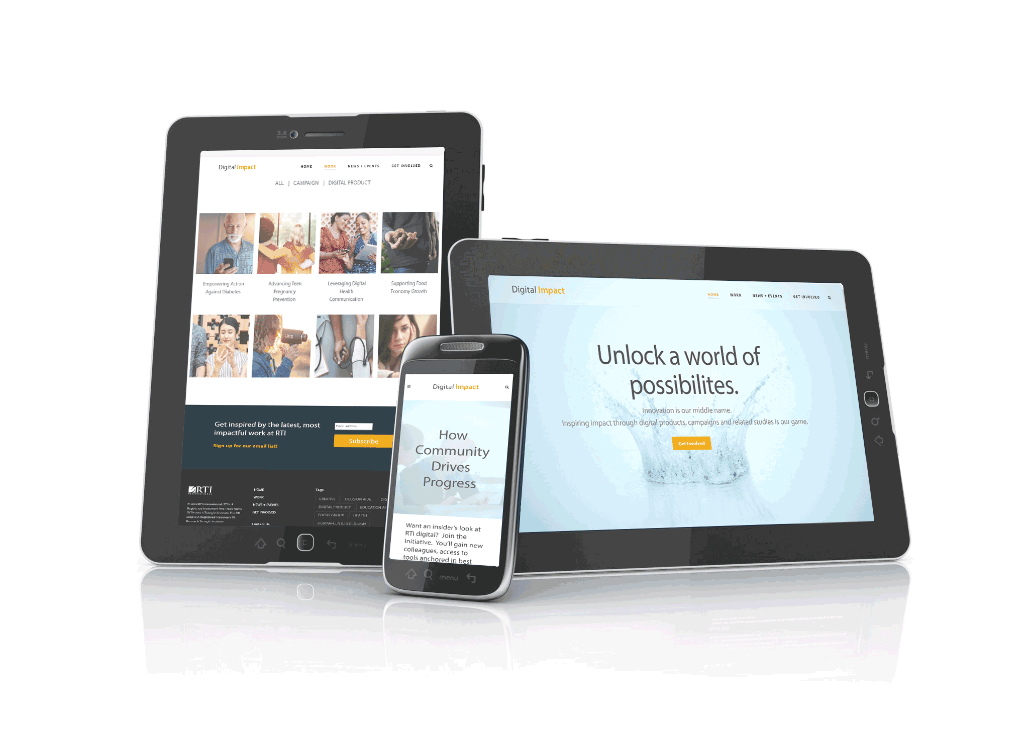 Three electronic devices—a tablet, a smartphone, and a second tablet—displaying the Digital Impact website with sections on community progress, impactful work, and unlocking possibilities.