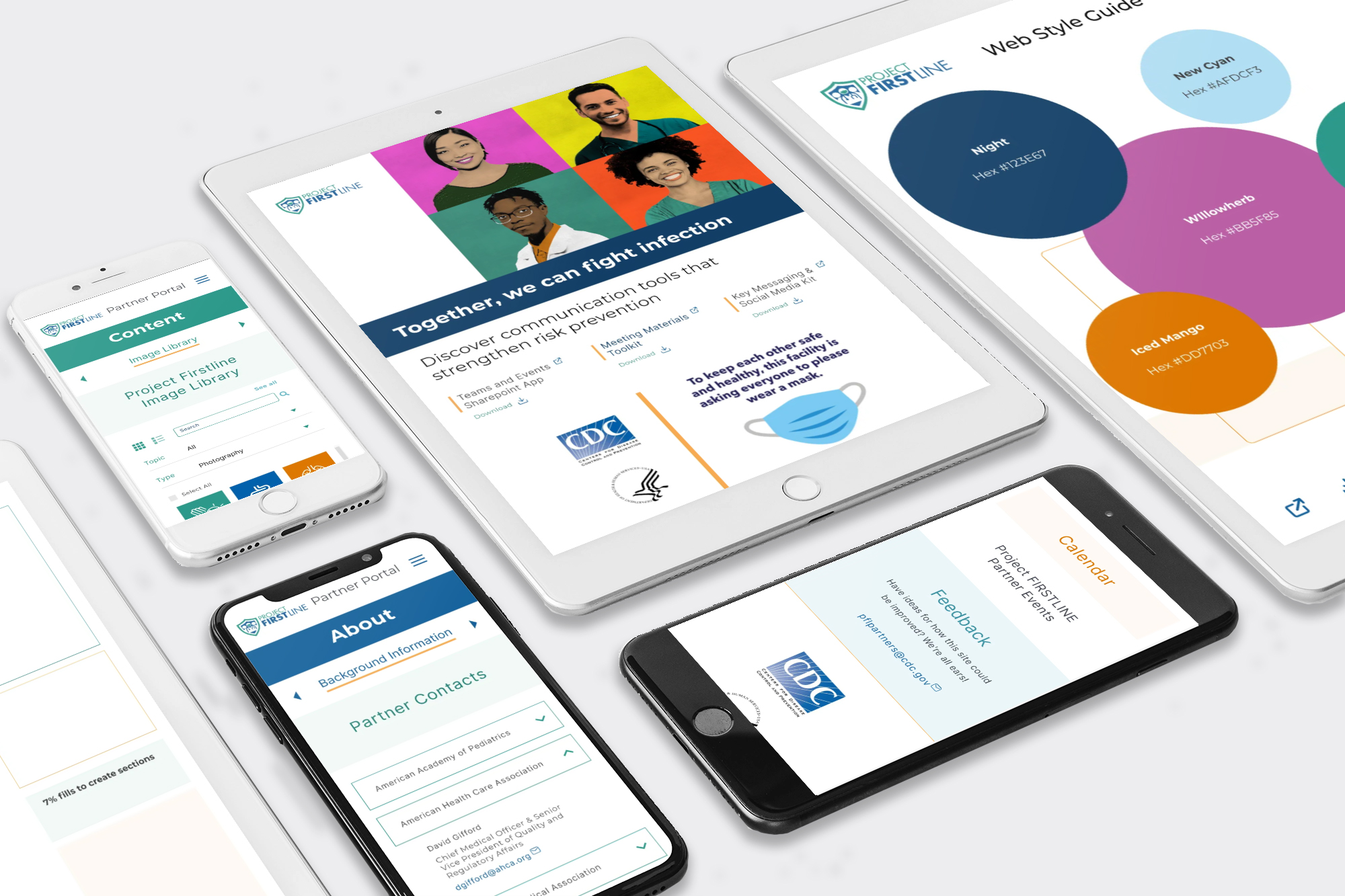 Flat lay of multiple devices including tablets and smartphones displaying Project Firstline Partner Portal pages with colorful headers, partner contact info, web style guide with color palette circles, infection prevention messaging, and logos from CDC and U.S. Department of Health and Human Services.