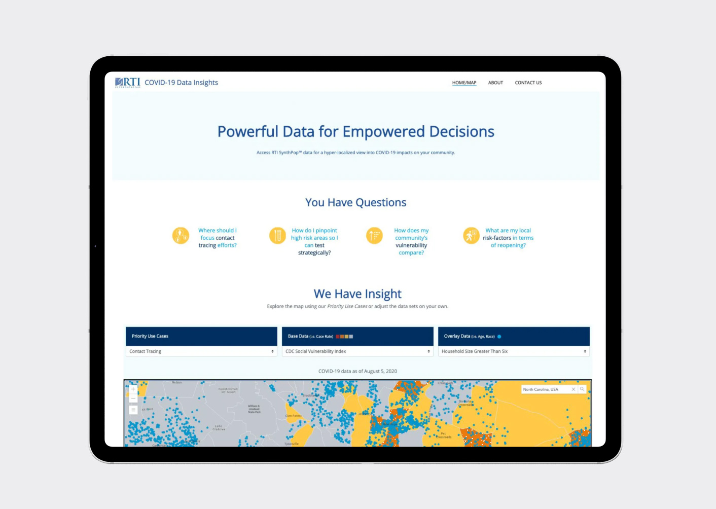 A tablet screen displays RTI International's COVID-19 Data Insights webpage titled 'Powerful Data for Empowered Decisions' with sections for questions about contact tracing, testing, community vulnerability, and reopening risks, followed by a map interface showing COVID-19 data with options for Priority Use Cases, Base Data, and Overlay Data focused on contact tracing and vulnerability indexes as of August 5, 2020.